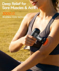 Person using Mini Massage Gun With Heat For Deep Tissue Relief on arm outdoors.