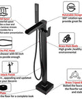 Freestanding Matte Black Bathtub Faucet With Waterfall Spout And Hand Shower Floor Mounted Brass Tub Filler For Modern Bathrooms
