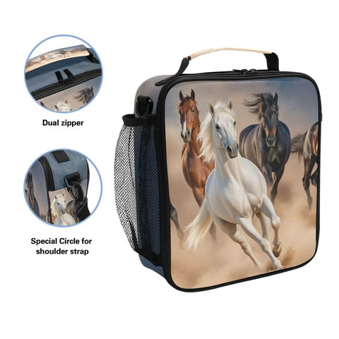 Desert Horses Insulated Lunch Box For Kids Girls And Boys with running horses print, dual zipper, and mesh side pocket