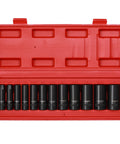 Beefy 12 Piece 3/8 Inch Drive Impact Socket Set With 6-Point SAE Deep Sockets CR-V Steel, Black Phosphate Finish in red case