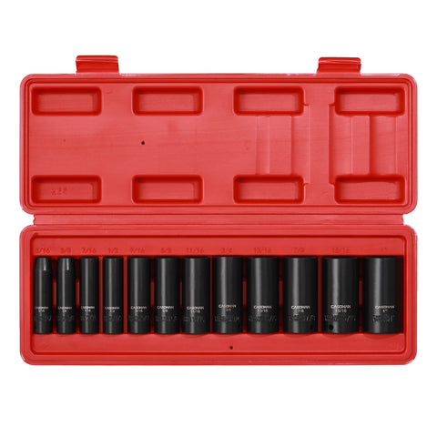Beefy 12 Piece 3/8 Inch Drive Impact Socket Set With 6-Point SAE Deep Sockets CR-V Steel, Black Phosphate Finish in red case