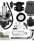 Beefed Up 30mm Carburetor Kit With Exhaust Muffler And Intake Manifold Stage 2 Upgrade For Predator 420 And GX Series Engines 301cc 389cc 11HP 13HP Designed For Mini Bikes Go Karts Or Cart Projects image showing parts and components.
