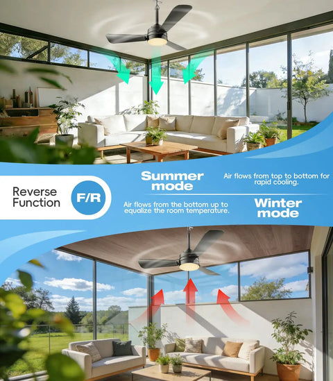 Plug In Ceiling Fan Light For Any Space, 28 Inch, No Wire Setup, shown with reversible modes in a modern patio setting.