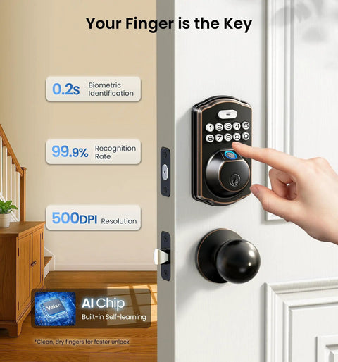 KS02A Fingerprint Keyless Entry Door Lock With Auto Lock And Electronic Keypad Deadbolt For Front Door Biometric Anti Peeping Password Easy Install No Keys Needed Oil Rubbed Bronze installed on door.
