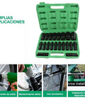 Top Tier Rustproof Electric Hex Key Socket Kit With Drill Adapter For Heavy Duty Jobs Made From Chrome Vanadium Steel Includes Wide Size Range To Power Through Any Tough Bolt Or Nut On Site Today 20-piece drill socket set in green case for auto repair and maintenance