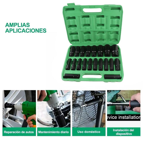 Top Tier Rustproof Electric Hex Key Socket Kit With Drill Adapter For Heavy Duty Jobs Made From Chrome Vanadium Steel Includes Wide Size Range To Power Through Any Tough Bolt Or Nut On Site Today 20-piece drill socket set in green case for auto repair and maintenance