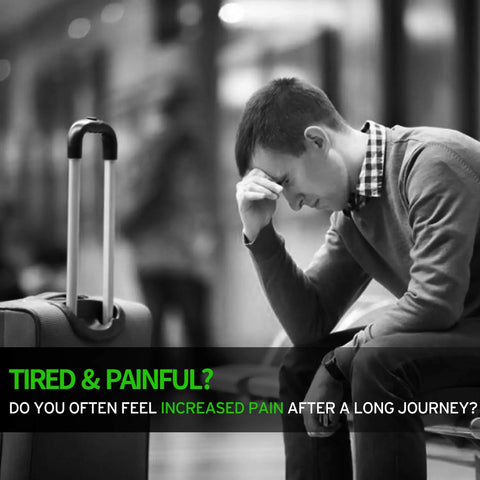 Man sitting tired with luggage, highlighting need for Ergonomic Inflatable Travel Pillow For Planes With Neck Support And Comfy Head Rest