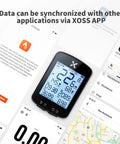 Gen2 GPS Ride Ready Bike Computer with Mount, 2.2 Inch Display, shows data synchronization with XOSS app interface.