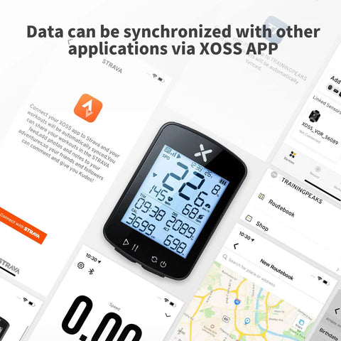 Gen2 GPS Ride Ready Bike Computer with Mount, 2.2 Inch Display, shows data synchronization with XOSS app interface.