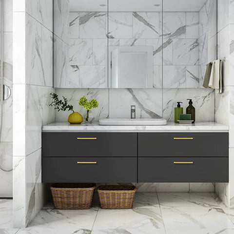 Modern bathroom with dark cabinets featuring Gold Brushed Brass Cabinet Pulls 8 Inch Center With 20 Pack Kitchen Cabinet Handles.