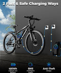 Electric Mountain Bike For Adults With A Beastly 1500W Peak Motor, 28 MPH Top Speed, 65 Mile Range next to charging setup