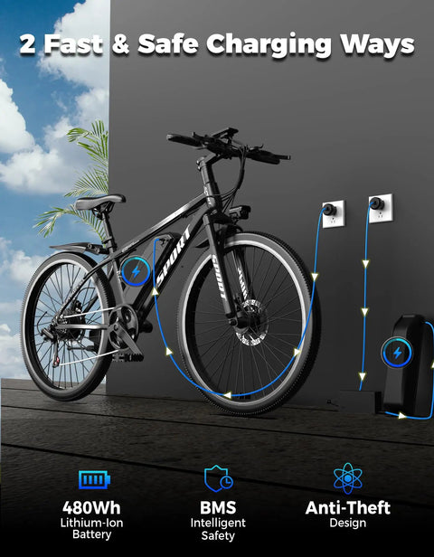 Powerful 1500W Peak Mountain Electric Bike With 26 Inch All Terrain Wheels 25 MPH Speed 65 Mile Range Removable 48V Battery charging