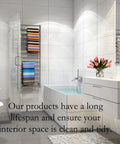 Modern bathroom with a white tub, sink, and towel rack. Text overlay states longevity of products for clean spaces. Tulips on the counter.