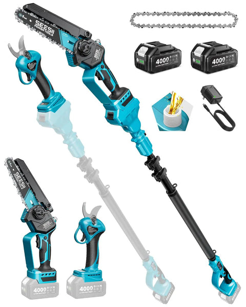 4 In 1 Pole Saw And Pruning Shears Kit For Tree Trimming Battery Powered Mini Chainsaw With Extension Pole Limb Cutter