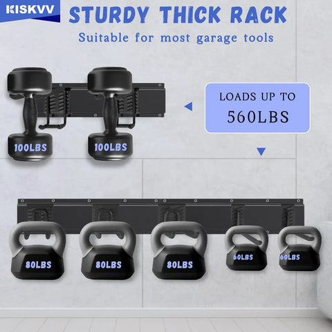 Heavy Duty 48 Inch Garage Tool Organizer Wall Mount With Anti Rust Finish Holds Up To 560 Lbs Easy Assembly displayed in garage