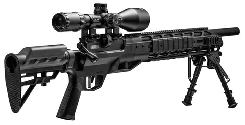 Armada BTAP22SX .22 Caliber PCP Air Rifle with scope, reversible bolt, modular rifled barrel, and bipod for stability.
