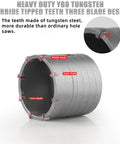 Built To Last Heavy Duty Concrete Hole Saw Kit With Five Diameters 30mm 40mm 65mm 80mm 100mm tungsten carbide tipped teeth.