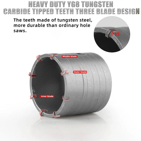 Built To Last Heavy Duty Concrete Hole Saw Kit With Five Diameters 30mm 40mm 65mm 80mm 100mm tungsten carbide tipped teeth.