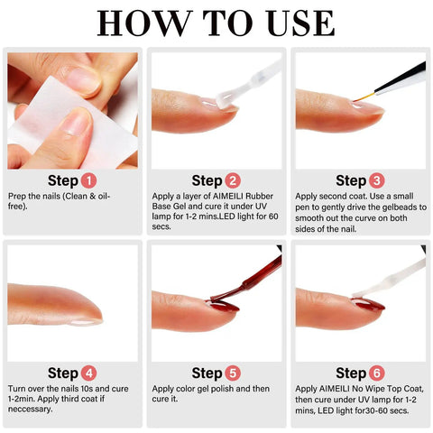 Step-by-step guide for using HEMA Free All In One Rubber Base Gel And No Wipe Top Coat Kit Set Soak Off UV LED Clear Gel