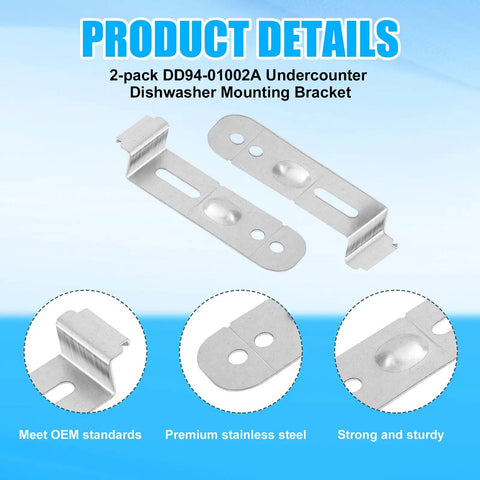 Top Shelf 2 Pack Dishwasher Mounting Brackets With Complete Screw Kit For Samsung Models Smooth Under Counter Setup No Sweat Install Heavy Duty Kitchen Fix showing stainless steel brackets with OEM standards.