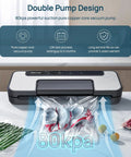 Heavy Duty Vacuum Sealer With 80Kpa Dual Pump on kitchen counter, sealing bags of vegetables and meat, displaying double pump design