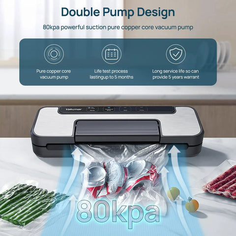 Heavy Duty Vacuum Sealer With 80Kpa Dual Pump on kitchen counter, sealing bags of vegetables and meat, displaying double pump design
