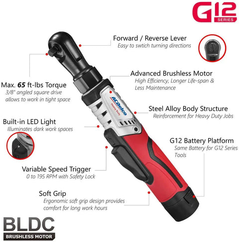 Power Up Your Garage with This Badass G12 Series 3-Tool Cordless Combo Kit Featuring a Brushless 3/8 Inch Ratchet Wrench close-up view with LED light and trigger features.