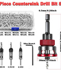 Straight Shot Countersink Drill Bit Set With Adjustable Depth Stop, showing 7-piece set, including screws and multiple drill bits.