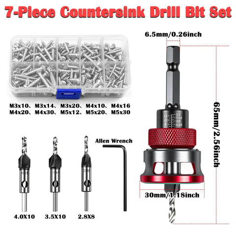 Straight Shot Countersink Drill Bit Set With Adjustable Depth Stop, showing 7-piece set, including screws and multiple drill bits.