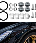 Universal Car Bumper Quick Release Clips Fasteners Kit Four Piece Aluminum Alloy With Rubber O Ring For Front And Rear Bumpers Includes Screws And Holders No Tools Needed For Quick Trunk Access shown with components and installed on car