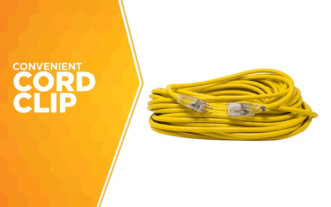 12-Gauge Extra Heavy Duty 100 Ft Outdoor Extension Cord with Cord Clip Yellow 3 Prong SJTW Water Resistant Vinyl Jacket