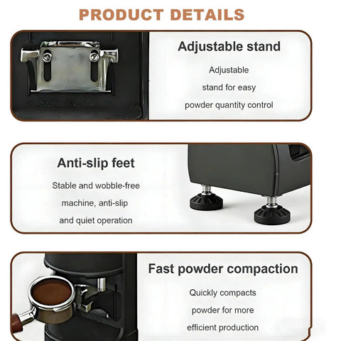 Legit Top Tier Electric Coffee Tamper 58mm Adjustable Pressure Automatic Espresso Press Tool With Nonstick Base product details on adjustable stand, anti-slip feet, and powder compaction.