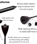 Conical Bronze Outdoor Torch Set For Backyards And Patios, Weather Resistant And Citronella Oil Compatible, with detailed parts view including wick and snuffer features.