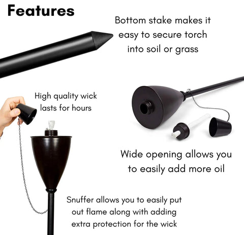 Conical Bronze Outdoor Torch Set For Backyards And Patios, Weather Resistant And Citronella Oil Compatible, with detailed parts view including wick and snuffer features.