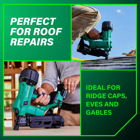 18V MultiVolt Brushless Cordless Coil Roofing Nailer Kit with 2.0Ah Battery in use for roof repairs on eaves and gables