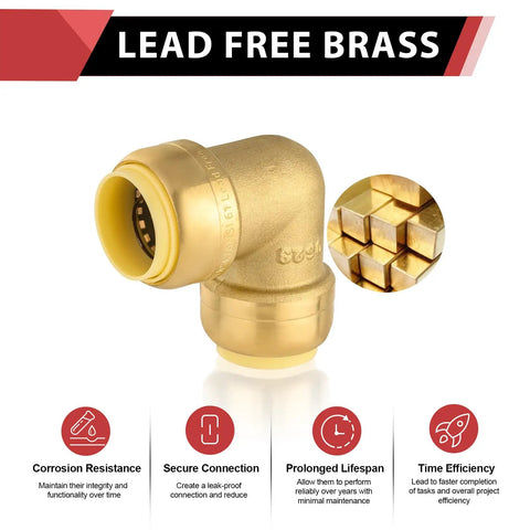 100 Pack 3/4 Inch DZR Brass Push Fit Elbow Fittings For Pex Copper CPVC Pipe shown from an angled view highlighting secure connection.