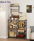 Espresso Bakers Rack With Storage For Coffee Bar And Kitchen Station Shelves Top Surface For Small Appliances 8 Hooks And Baskets Adjustable Feet Multipurpose Coffee Bar Cabinet For Dining Room And Pantry