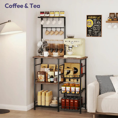 Espresso Bakers Rack With Storage For Coffee Bar And Kitchen Station Shelves Top Surface For Small Appliances 8 Hooks And Baskets Adjustable Feet Multipurpose Coffee Bar Cabinet For Dining Room And Pantry