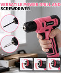 No Sweat Cordless Drill Driver Kit Featuring 62 Piece Precision Screwdriver Bit Set With Live Battery Percentage Display For Effortless Home Repairs And Weekend Construction Tasks, showcasing a pink power drill and screwdriver.