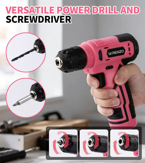 No Sweat Cordless Drill Driver Kit Featuring 62 Piece Precision Screwdriver Bit Set With Live Battery Percentage Display For Effortless Home Repairs And Weekend Construction Tasks, showcasing a pink power drill and screwdriver.