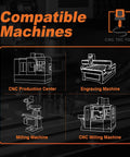 Diagram showing compatible machines: CNC Production Center, Engraving Machine, Milling Machine, CNC Milling Machine.