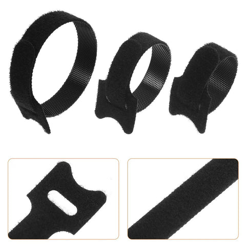 Three sizes of black nylon 150 Piece Cat Head Cable Management Straps Heavy Duty Nylon Wire Ties for organizing cords.