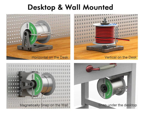 Heavy Duty Reel Stand Dispenser for Solder Wire Spools and Magnet Wire Rolls, aluminum desktop and wall mount holder variations.