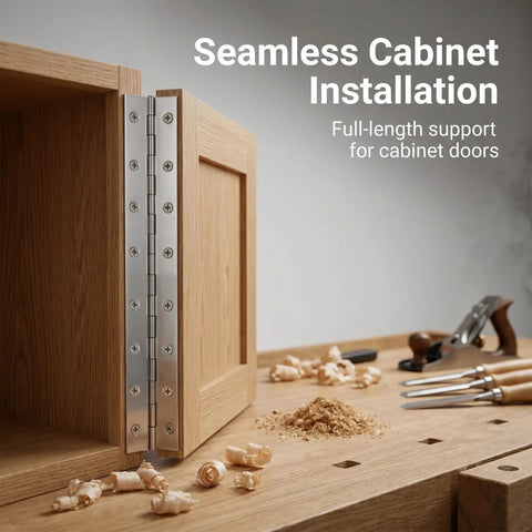 Six Pack 15.7 x 2 Inch Stainless Steel Piano Hinges on cabinet showing seamless installation