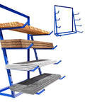 Four Tier Heavy Duty Lumber Storage Rack Made From Thick Alloy Steel For Sheds And Garages Holds 4000 LBS, showcasing wood and metal storage.