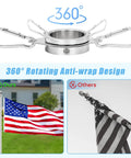 2 Pack Flag Pole Rings, Slick Spinning One Inch Clips Cut Wrapping Stress, Rock Solid Aluminum Steel Hardware, showing rotating design for tangle-free use.
