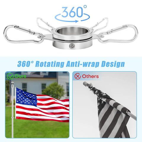 2 Pack Flag Pole Rings, Slick Spinning One Inch Clips Cut Wrapping Stress, Rock Solid Aluminum Steel Hardware, showing rotating design for tangle-free use.
