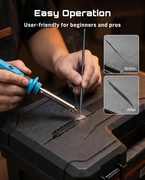 Beefy 150W Plastic Welder Kit 2 In 1 Hot Stapler and Soldering Iron repairing a car bumper, showing before and after results.