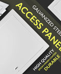 Heavy Duty Metal Wall Access Panel With Slick White Finish Flows Right Over 10 By 16 Inch Drywall Cutouts showing epoxy-coated finish.
