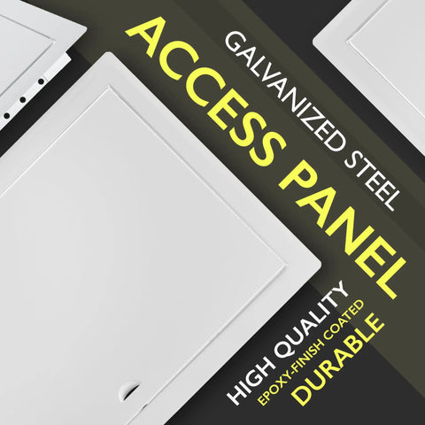 Heavy Duty Metal Wall Access Panel With Slick White Finish Flows Right Over 10 By 16 Inch Drywall Cutouts showing epoxy-coated finish.